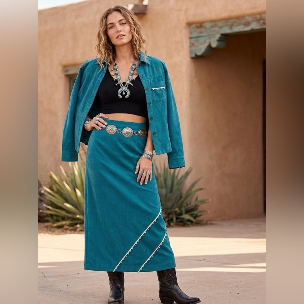 Vintage New Frontier Teal Suede 2-Piece Set Beaded Shirt Jacket & Midi Skirt L